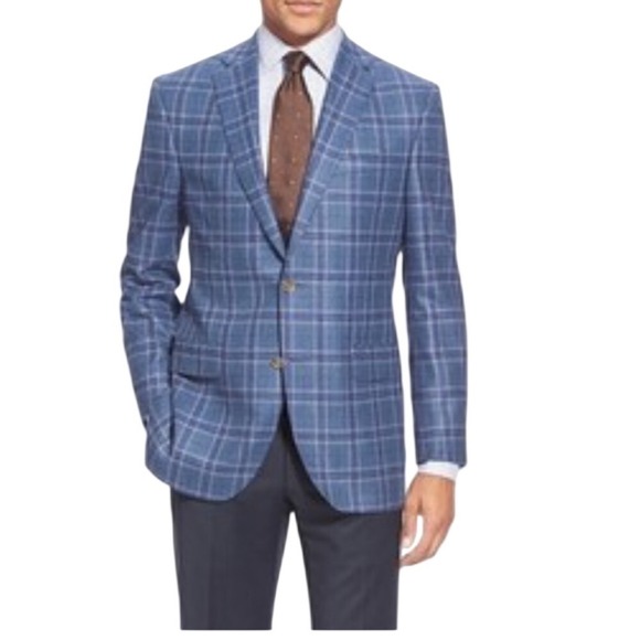 David Donahue Blue Plaid Wool Sport Coat Blazer Men 46R Arnold SPJ